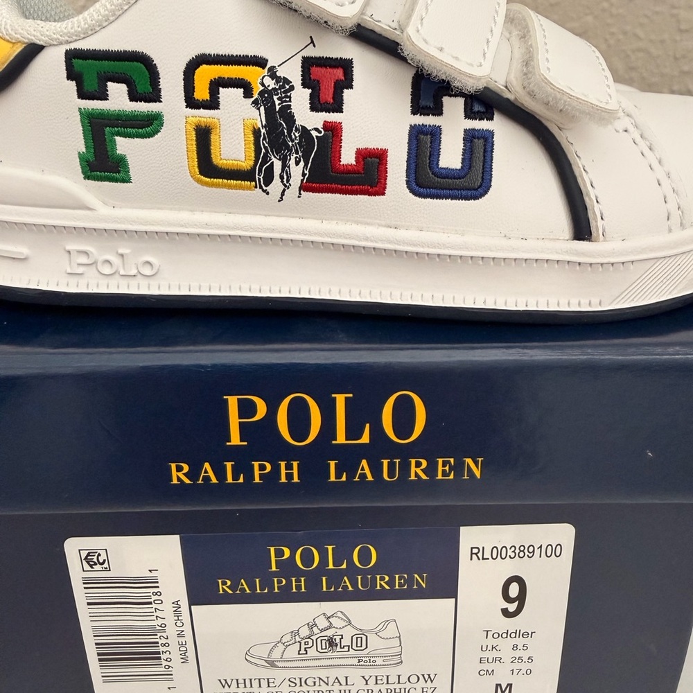 Ralph Lauren White Sneakers with Multicolor POLO Embroidery SIZE 9 (little boys)